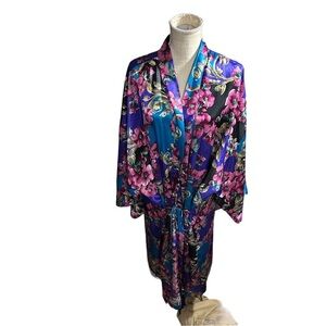 Vintage Solange Satin Women Blue Purple Floral Midi (43”)  Kimono Robe Sz 22/28